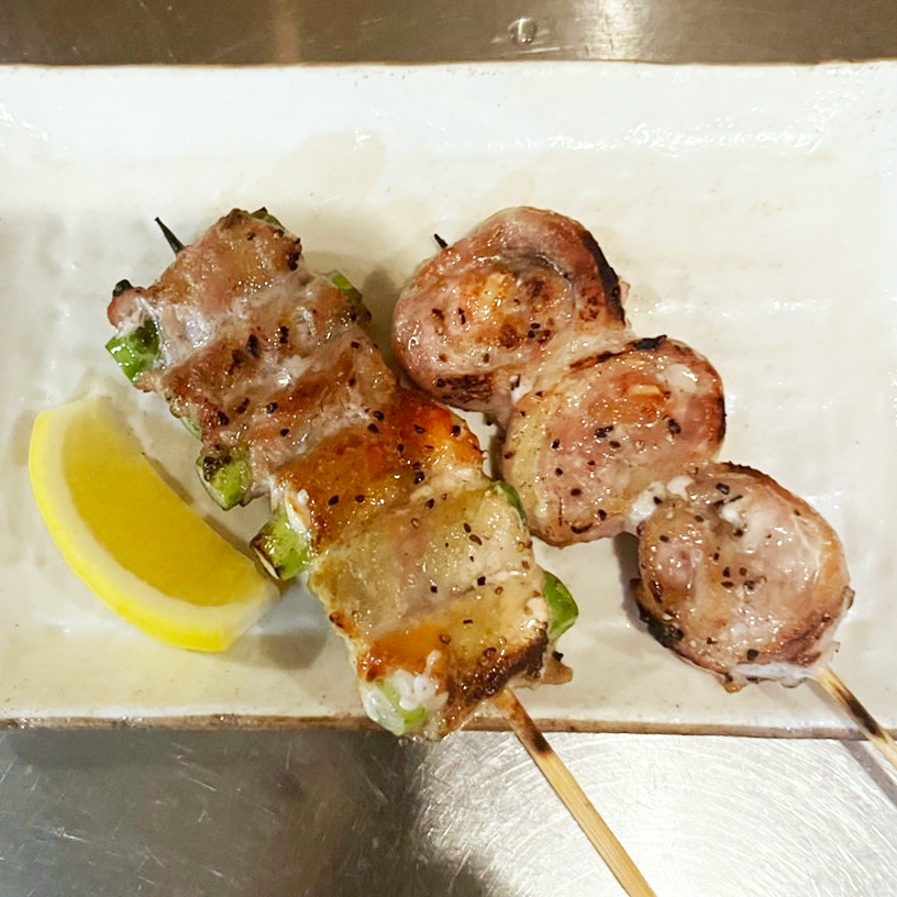 聖蹟桜ケ丘炭火串焼き武ん家 生姜巻きとアスパラ巻き
